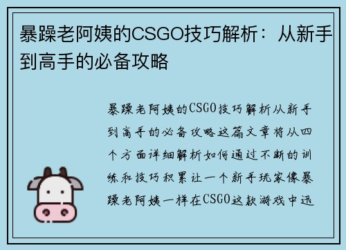 暴躁老阿姨的CSGO技巧解析:从新手到高手的必备攻略 暴躁老阿姨的CSGO技巧解析:从新手到高手的必备攻略